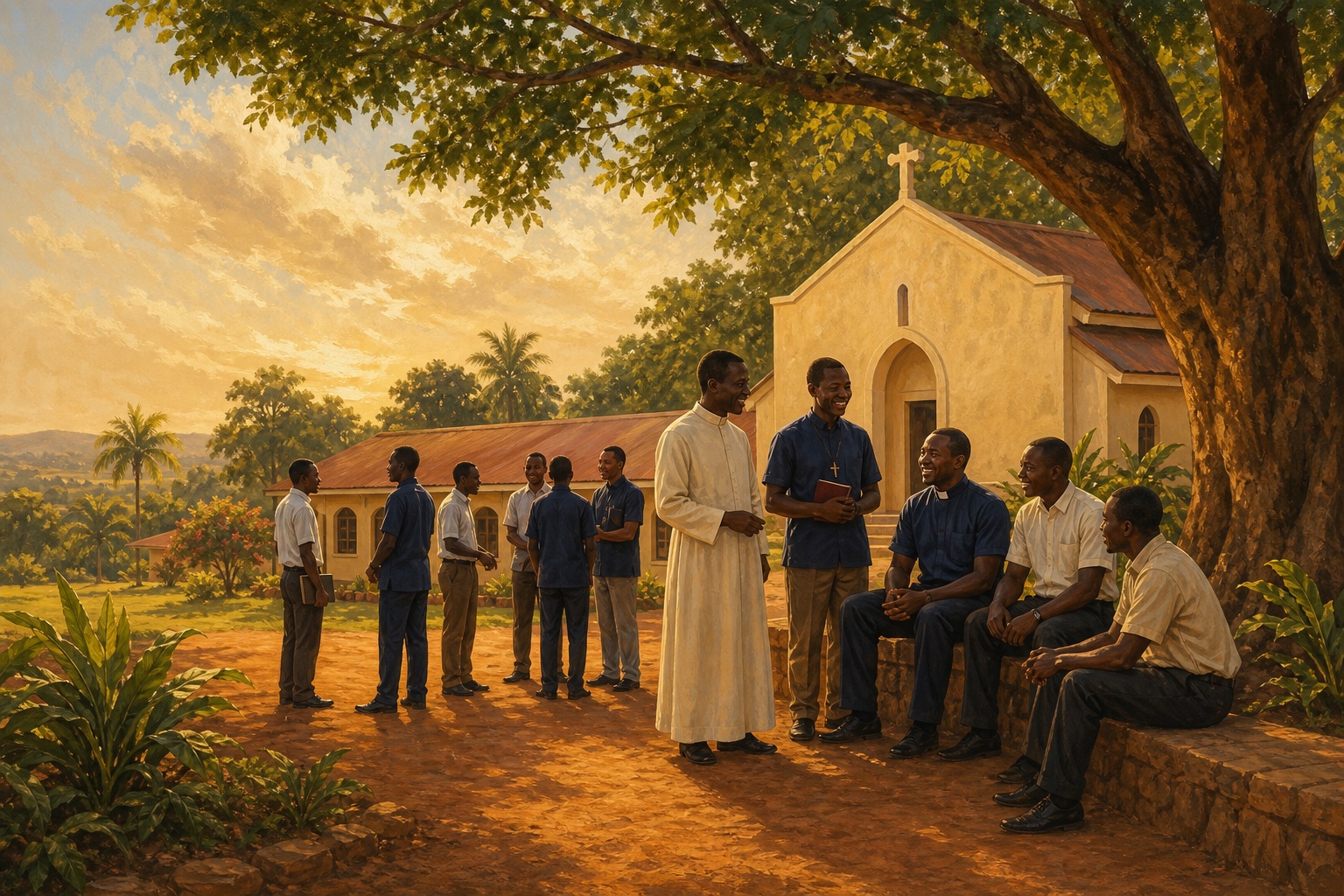 Illustrated placeholder of seminarians and mentors in a chapel courtyard